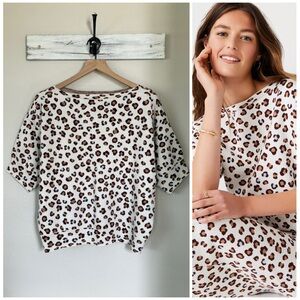 ANN TAYLOR L Leopard Print Boatneck Sweater Tee • Animal Spot Dot Knit Pullover
